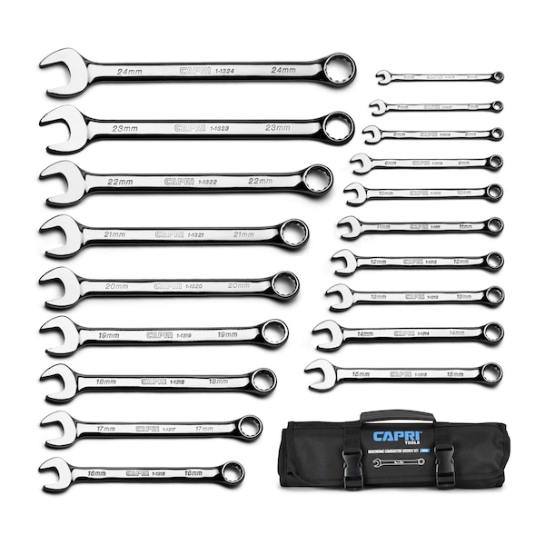 MaxChrome Combination Wrench Set, 6 to 24 mm, 19Pcs W HeavyDuty Canvas Pouch
